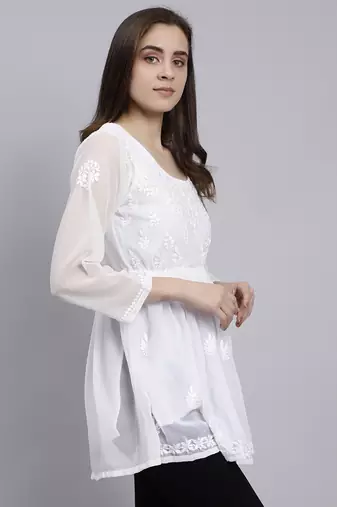 hand embroidered white georgette lucknowi chikankari top with slip