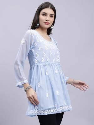 hand embroidered light blue georgette lucknowi chikankari top with slip 3