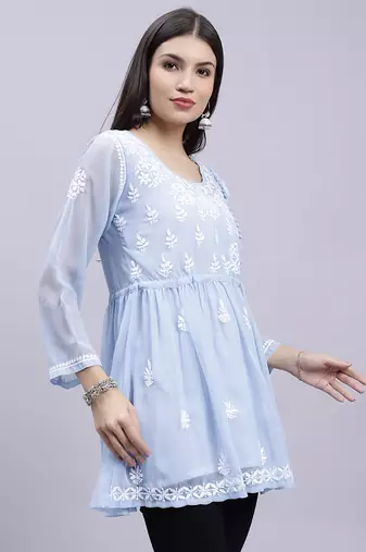 hand embroidered light blue georgette lucknowi chikankari top with slip