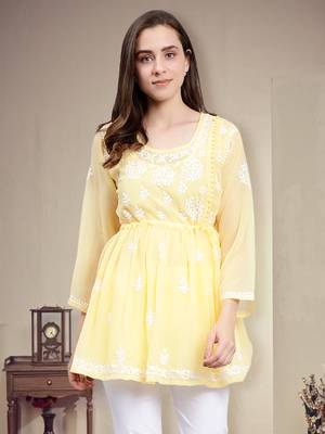 hand embroidered yellow georgette lucknowi chikankari top with slip 1