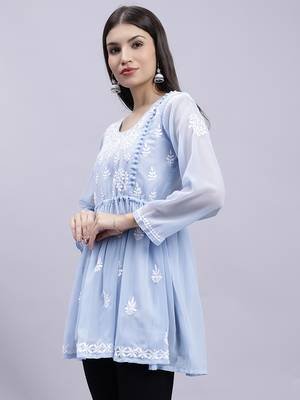 hand embroidered light blue georgette lucknowi chikankari top with slip 4