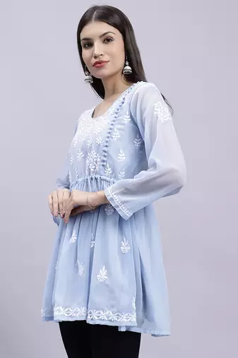 hand embroidered light blue georgette lucknowi chikankari top with slip