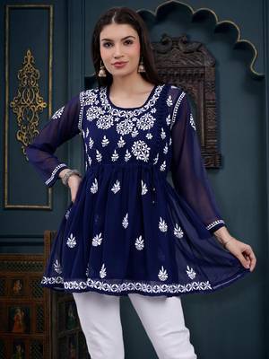 hand embroidered navy blue georgette lucknowi chikankari top with slip 1