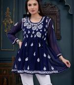 hand embroidered navy blue georgette lucknowi chikankari top with slip
