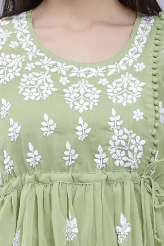 hand embroidered green georgette lucknowi chikankari top with slip