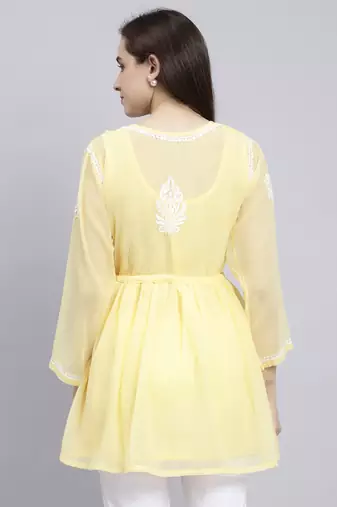 hand embroidered yellow georgette lucknowi chikankari top with slip