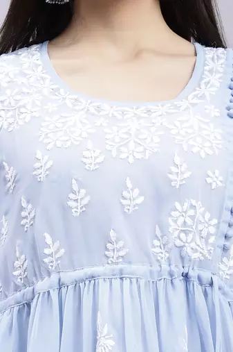 hand embroidered light blue georgette lucknowi chikankari top with slip