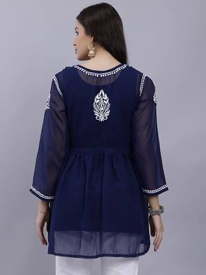 hand embroidered navy blue georgette lucknowi chikankari top with slip 2