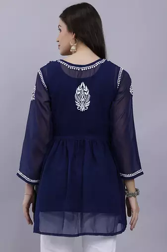 hand embroidered navy blue georgette lucknowi chikankari top with slip