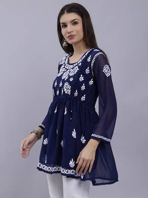 hand embroidered navy blue georgette lucknowi chikankari top with slip 3