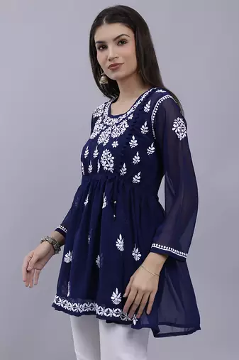 hand embroidered navy blue georgette lucknowi chikankari top with slip