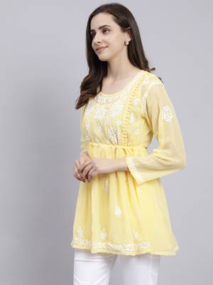hand embroidered yellow georgette lucknowi chikankari top with slip 3