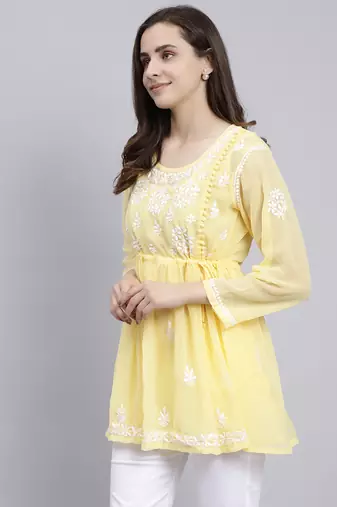 hand embroidered yellow georgette lucknowi chikankari top with slip