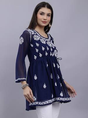 hand embroidered navy blue georgette lucknowi chikankari top with slip 4