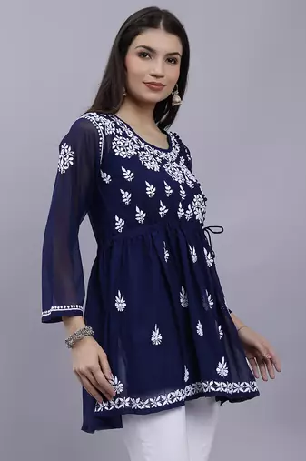 hand embroidered navy blue georgette lucknowi chikankari top with slip