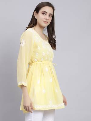 hand embroidered yellow georgette lucknowi chikankari top with slip 4