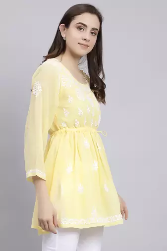 hand embroidered yellow georgette lucknowi chikankari top with slip