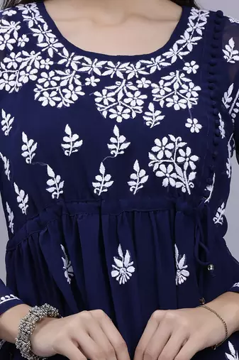 hand embroidered navy blue georgette lucknowi chikankari top with slip