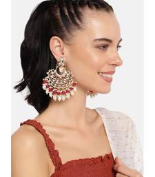 Gold Plated, Enamel Kundan Stones & Pearl Earrings For Women