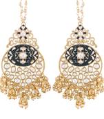 Gold Plated Intricately Designed Traditional Earrings with Detachable Hair Chain Encased With Kundans & Pearls
