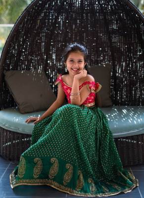 Girls Green & Red Silk Lehenga Choli with Golden Foil Print and Ruffle Sleeves 7