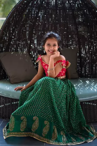 Girls Green & Red Silk Lehenga Choli with Golden Foil Print and Ruffle Sleeves