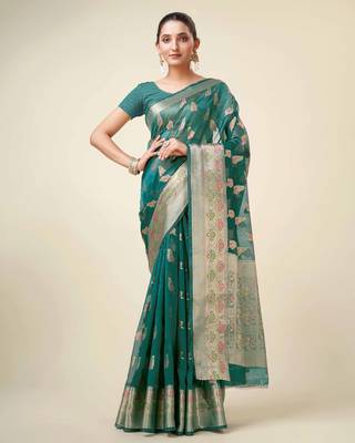 Rama Organza Faux Kanjeevaram Woven Saree With Unstitched Blouse Piece 1