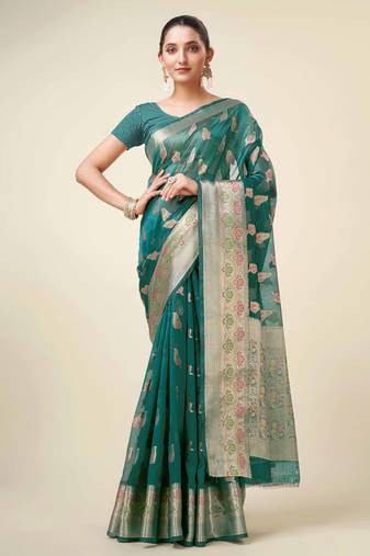 Rama Organza Faux Kanjeevaram Woven Saree With Unstitched Blouse Piece