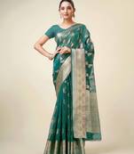 Rama Organza Faux Kanjeevaram Woven Saree With Unstitched Blouse Piece