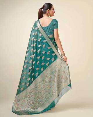 Rama Organza Faux Kanjeevaram Woven Saree With Unstitched Blouse Piece 2
