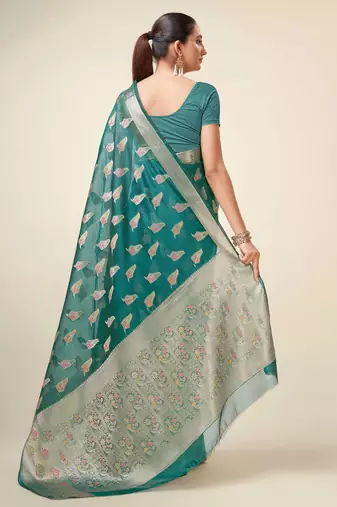 Rama Organza Faux Kanjeevaram Woven Saree With Unstitched Blouse Piece