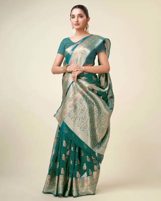 Rama Organza Faux Kanjeevaram Woven Saree With Unstitched Blouse Piece 3