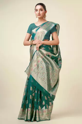 Rama Organza Faux Kanjeevaram Woven Saree With Unstitched Blouse Piece