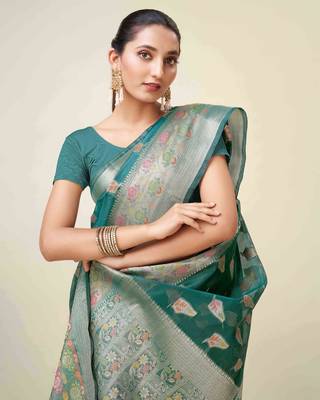 Rama Organza Faux Kanjeevaram Woven Saree With Unstitched Blouse Piece 4