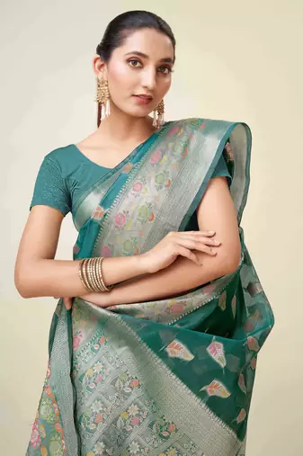 Rama Organza Faux Kanjeevaram Woven Saree With Unstitched Blouse Piece