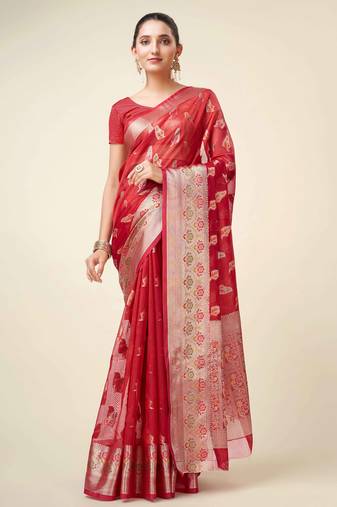 Red Organza Faux Kanjeevaram Woven Saree With Unstitched Blouse Piece