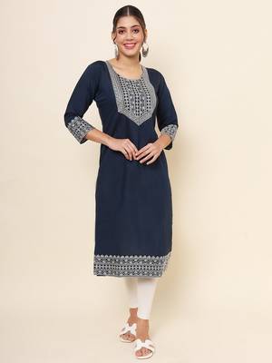 Blue Colour Smart Resham Work Cotton Fabric Casual Wear Kurti 1