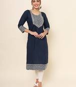 Blue Colour Smart Resham Work Cotton Fabric Casual Wear Kurti