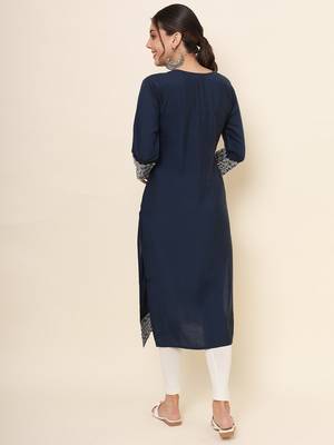 Blue Colour Smart Resham Work Cotton Fabric Casual Wear Kurti 2