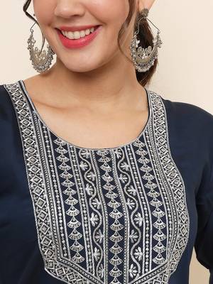Blue Colour Smart Resham Work Cotton Fabric Casual Wear Kurti 3