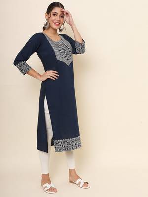Blue Colour Smart Resham Work Cotton Fabric Casual Wear Kurti 4