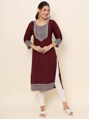 Maroon Colour Smart Resham Work Cotton Fabric Casual Wear Kurti 1