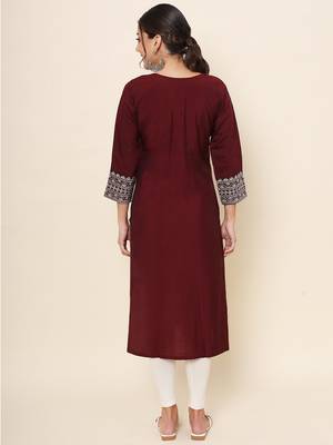 Maroon Colour Smart Resham Work Cotton Fabric Casual Wear Kurti 2