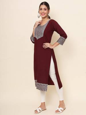 Maroon Colour Smart Resham Work Cotton Fabric Casual Wear Kurti 4