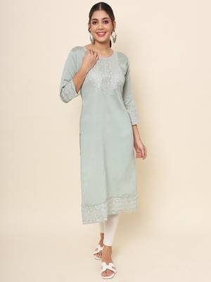 Grey Colour Smart Resham Work Cotton Fabric Casual Wear Kurti 1