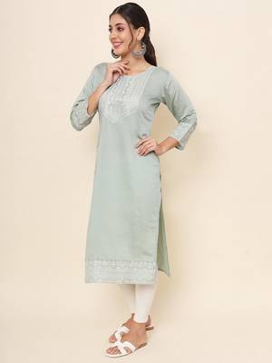 Grey Colour Smart Resham Work Cotton Fabric Casual Wear Kurti 4