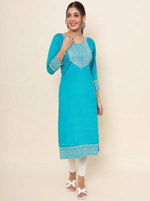 Firozi Colour Smart Resham Work Cotton Fabric Casual Wear Kurti 1