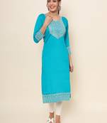 Firozi Colour Smart Resham Work Cotton Fabric Casual Wear Kurti