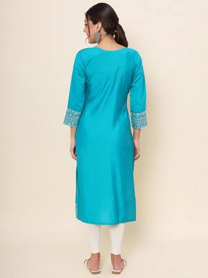 Firozi Colour Smart Resham Work Cotton Fabric Casual Wear Kurti 2