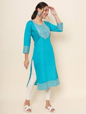 Firozi Colour Smart Resham Work Cotton Fabric Casual Wear Kurti 4